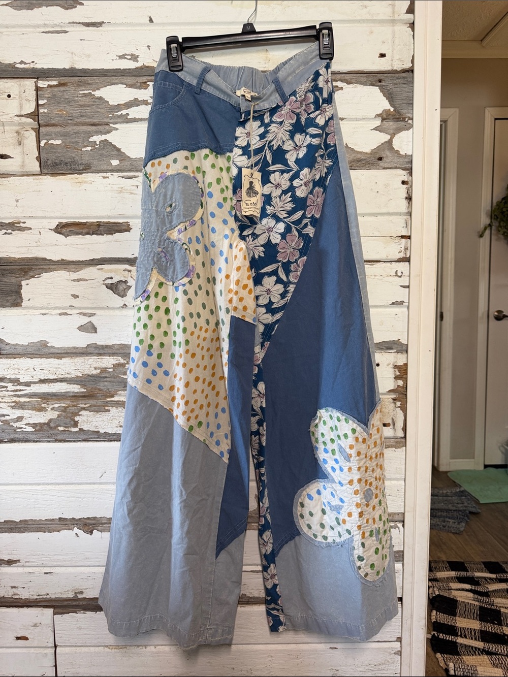 Wide Leg Patchwork Floral & Polka Dot Pants - Blue